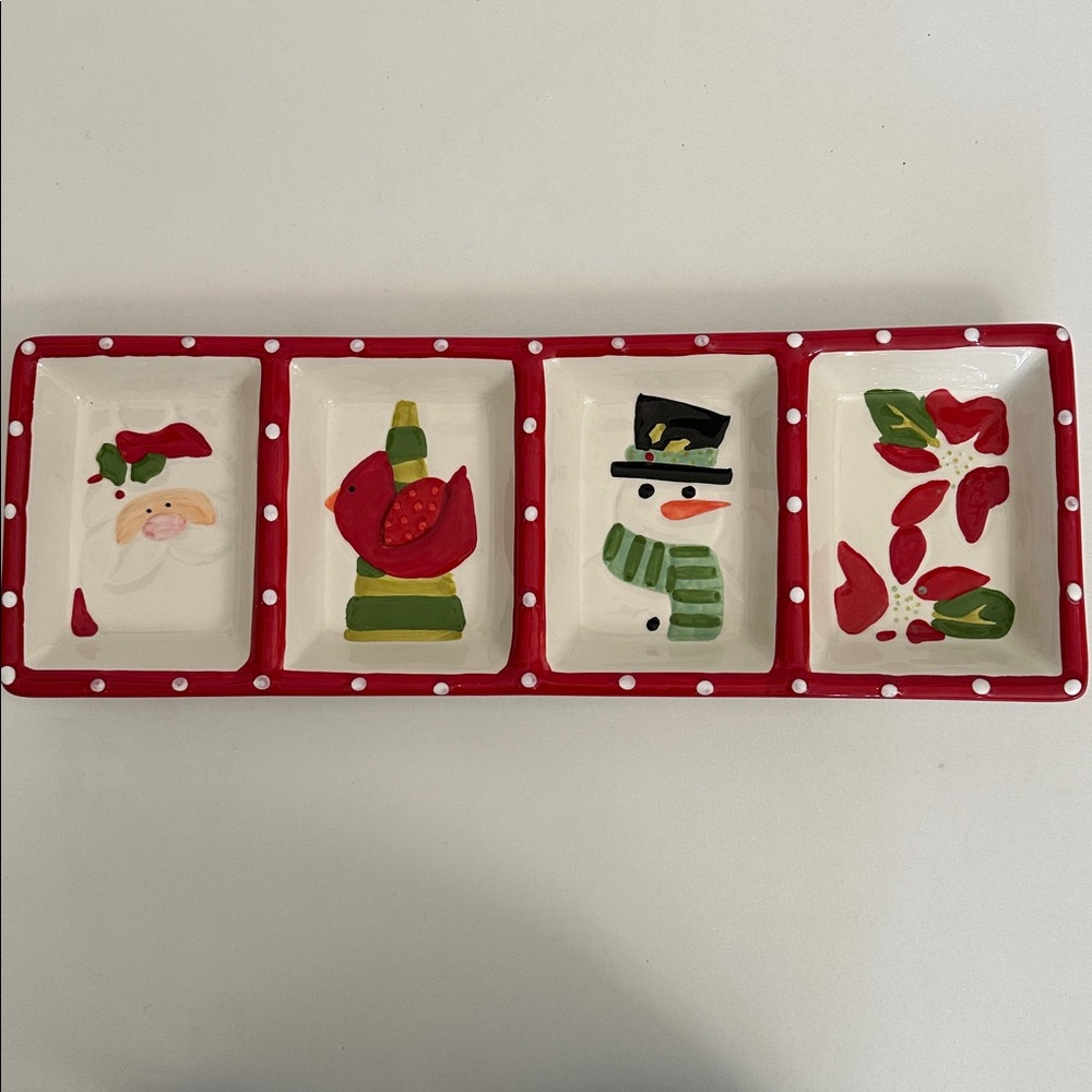 Festive Ceramic Christmas Cut-Outs Red & White Holiday Serving Four Section Tray
